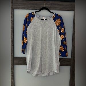 LuLaRoe Gray with Blue and Orange snowflake Sleeves Randy top XL